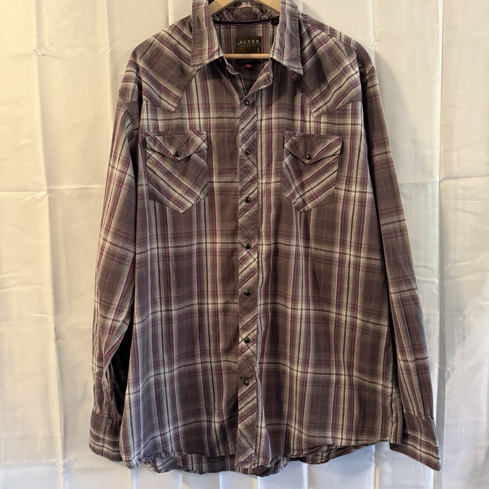 Roper Shirt Mens 2XL Purple Black Plaid Pearl Snap Long Sleeve Western Cowboy‎